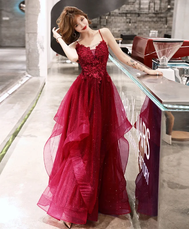Renaissance Style Burgundy V Neck Tulle Lace Long Prom Dress Burgundy Evening Dress