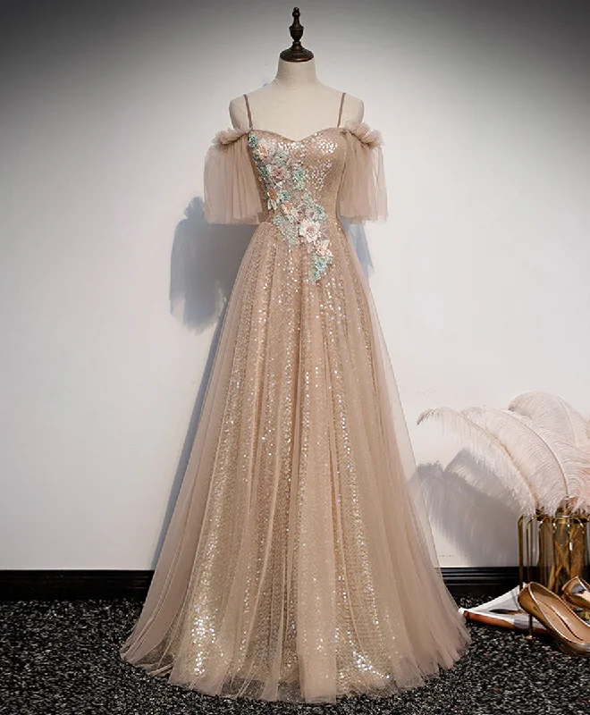 Sweet Stand-Up Collar Style Champagne Sweetheart Tulle Lace Long Prom Dress Tulle Formal Dress
