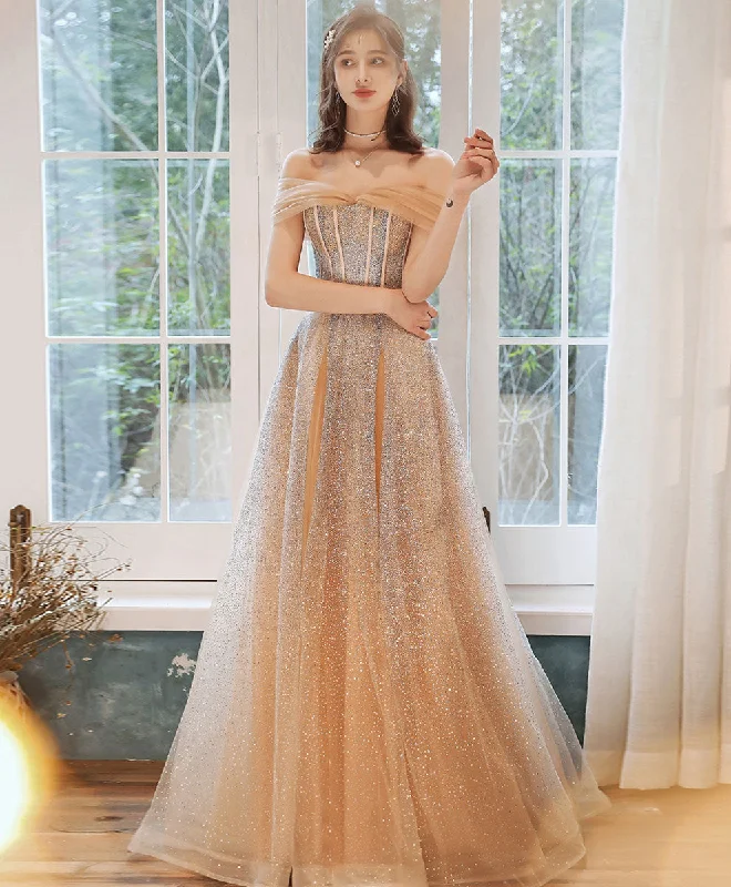 Literary Style Champagne Tulle Sequin Long Prom Dress Tulle Formal Dress