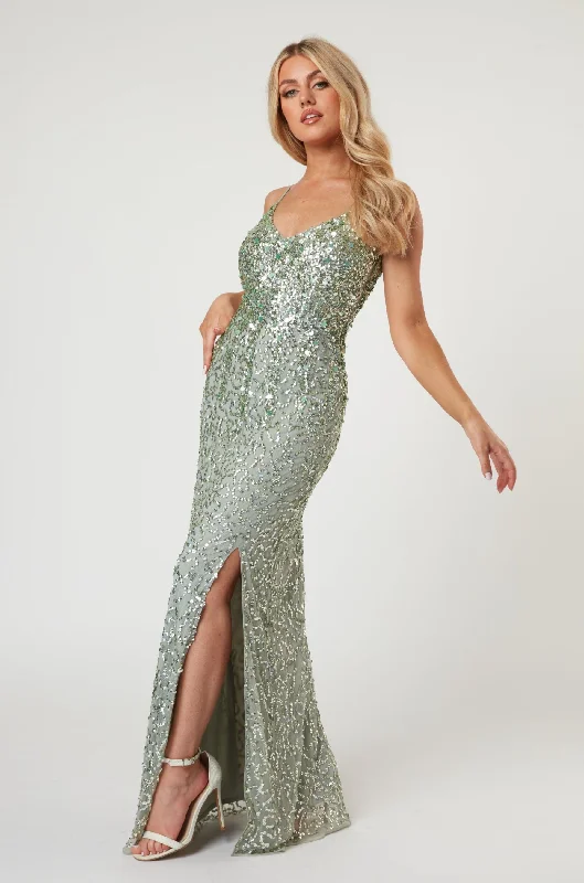 High waist design Gloria Sage Green Beaded Maxi Dress