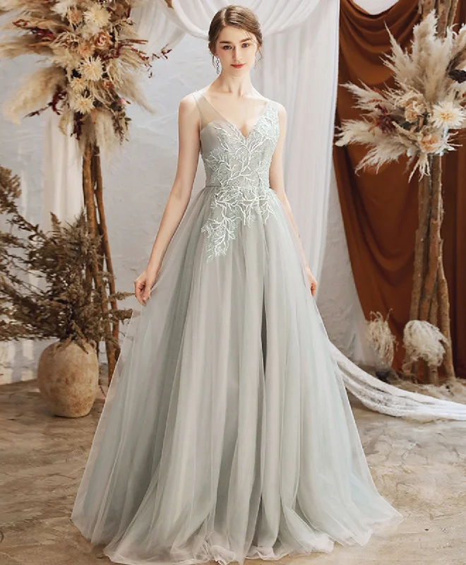 Sports Zipper Style Gray Green Tulle Lace Long Prom Dress Gray Tulle Formal Dress