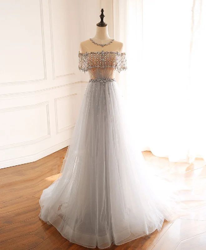Retro Dress Gray Round Neck Tulle Beads Long Prom Dress Forma Graduation Dresses