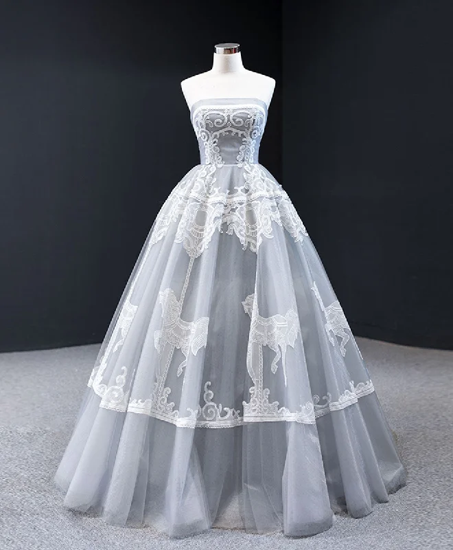 Style Design Gray Sweetheart Tulle Lace Long Prom Dress Gray Tulle Formal Dress