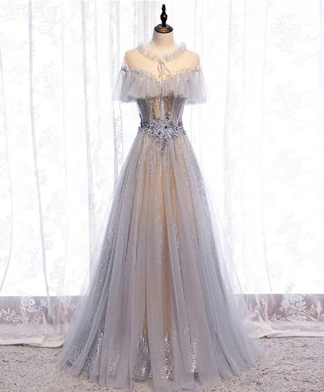 Street Casual Style Gray Tulle Lace Long Prom Dress, Gray Tulle Formal Dress