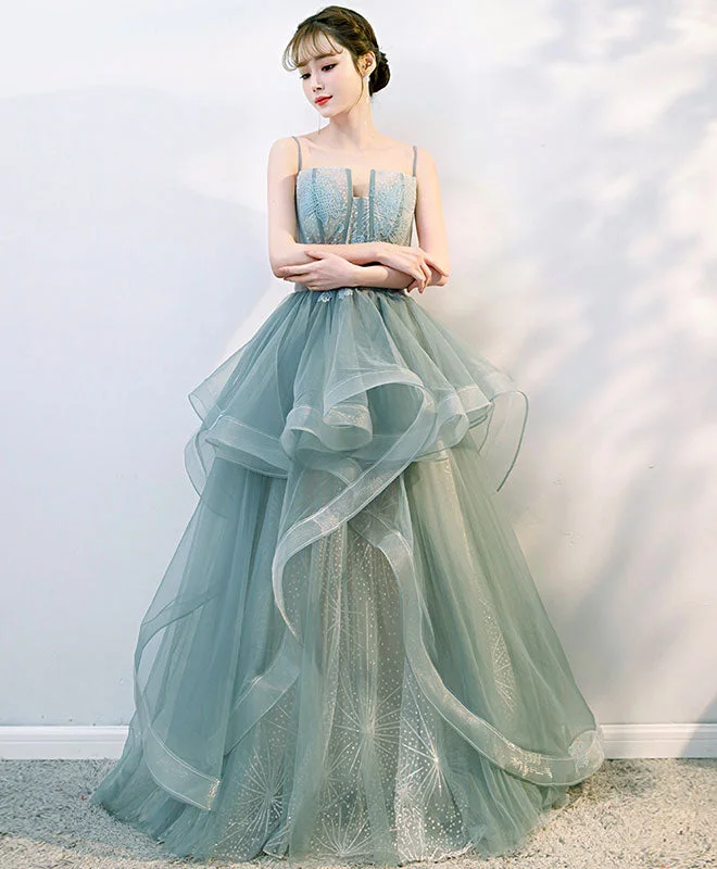 Retro Dress Green Tulle Lace Long Prom Gown, Tulle Formal Dress