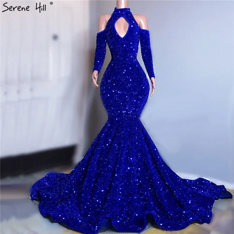 Retro Stripes Long Royal Blue Prom Dress Sparkly Glitter Sequin Sexy Top African Girl Mermaid Prom Dresses 2024 New Arrival LA70453
