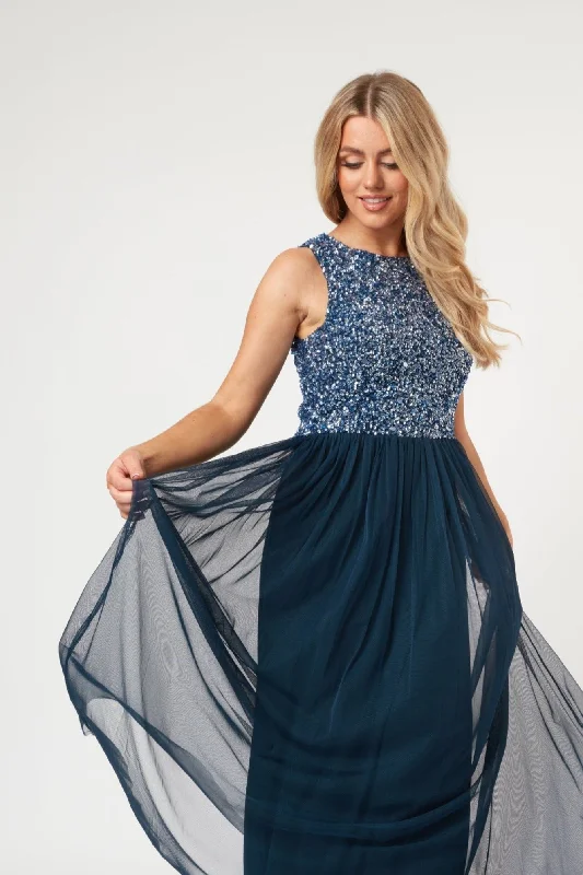 Sweet Lace Design Picasso Navy Blue Bridesmaid Maxi Dress