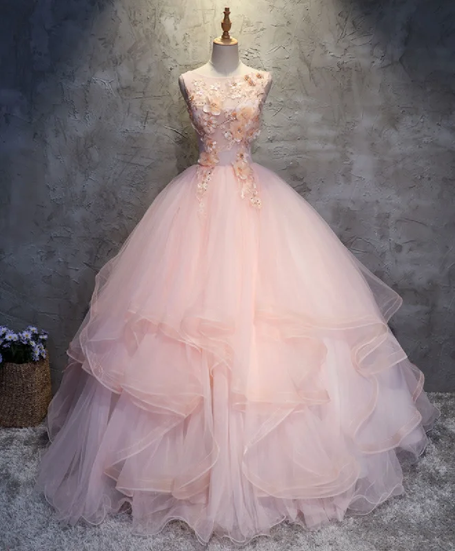 Fashionable sports Pink Round Neck Tulle Lace Long Prom Dress Lace Formal Dress