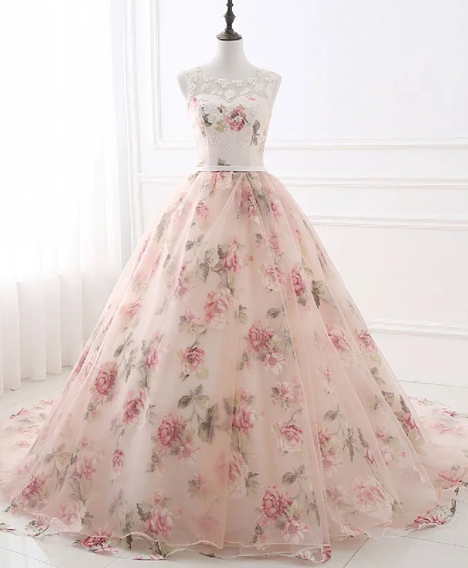 Luxury and fashionable Pink Round Neck Tulle Lace Long Prom Dress Pink Long Evening Gown
