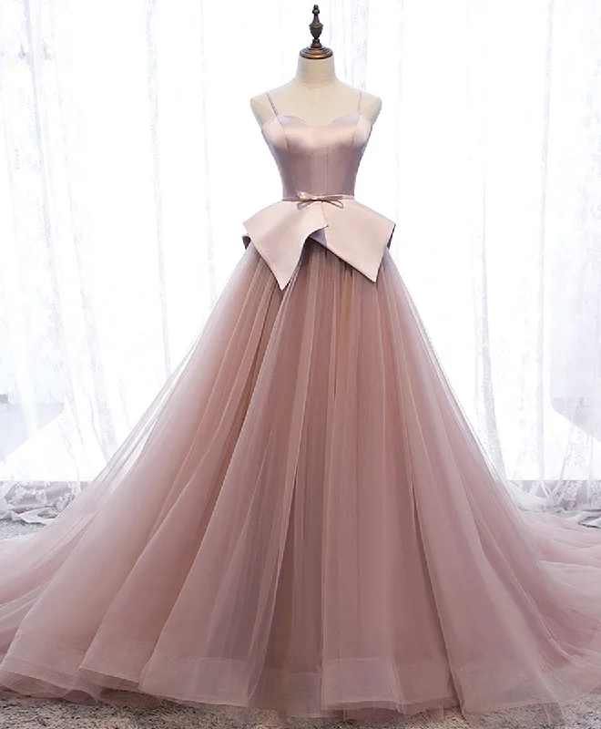 Retro Lace Fabric Pink Sweetheart Tulle Long Prom Gown Pink Tulle Formal Dress