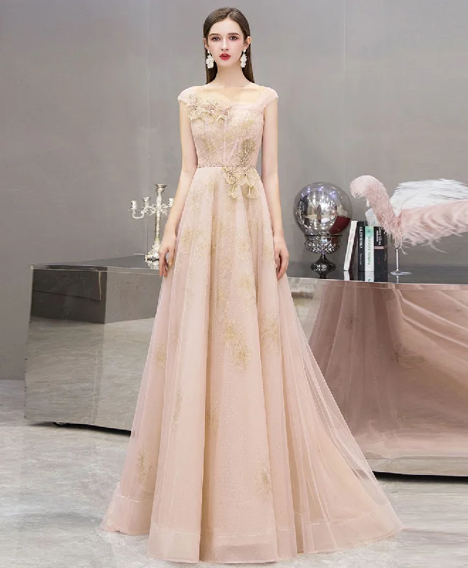 Sweet Small Style Pink Tulle Lace Long Prom Dress Pink Tulle Formal Dress