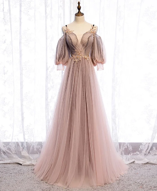 Boutique style Pink V Neck Tulle Lace Long Prom Dress Pink Tulle Formal Dress