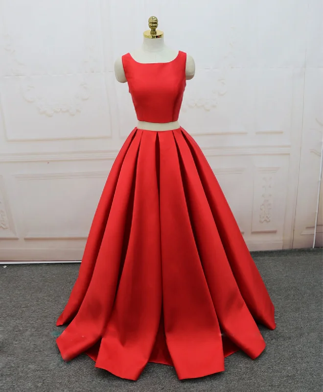 Fashion Style Red Satin Two Pieces Long Prom Dress Red Long Evening Dress