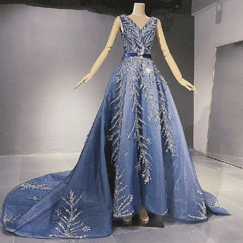 Street Style Serene Hill Blue Beaded Bling Evening Dresses Gowns 2024 V-Neck Sexy Luxury A-Line For Women Party LA71508