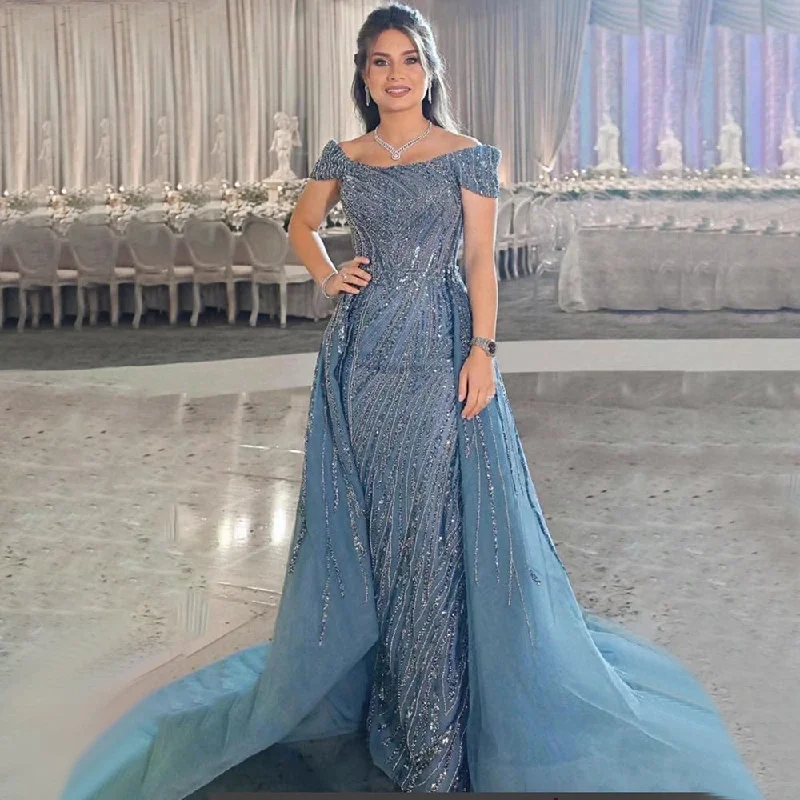 Sweet Princess Skirt Serene Hill Blue Mermaid Off Shoulder Avond Jurken 2024 Luxe Kralen Overrok Elegant Voor Vrouw Party LA71566 Sweet Princess Skirt Serene Hill Blue Mermaid Off Shoulder Avond Jurken 2024 Luxe Kralen Overrok Elegant Voor Vrouw Party LA71566