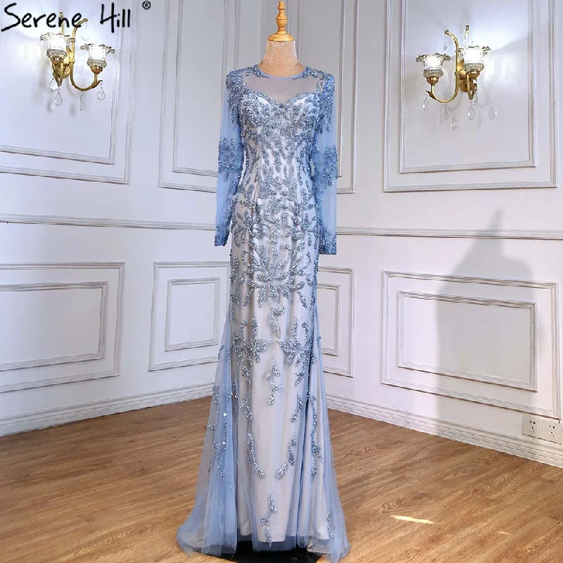 Cool Style Serene Hill Muslim Blue Mermaid Evening Dresses Gowns 2024 Luxury Elegant Beaded For Women Party LA71479