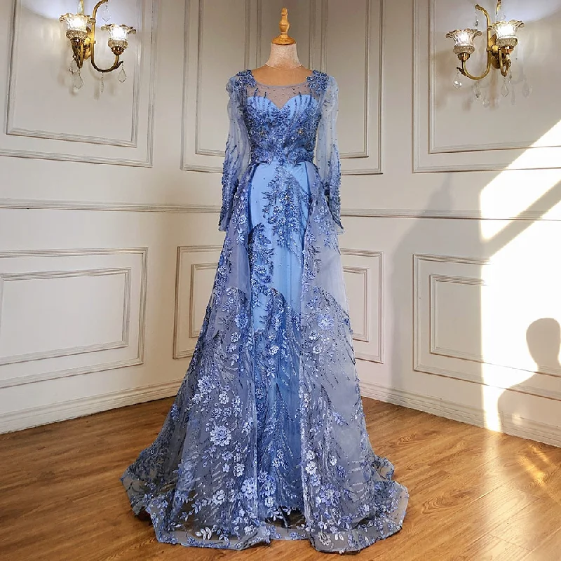 Street Style Serene Hill Muslim Luxury Blue Evening Dresses Gowns 2024 Beaded Mermaid Overskirt For Woman Party  LA71460