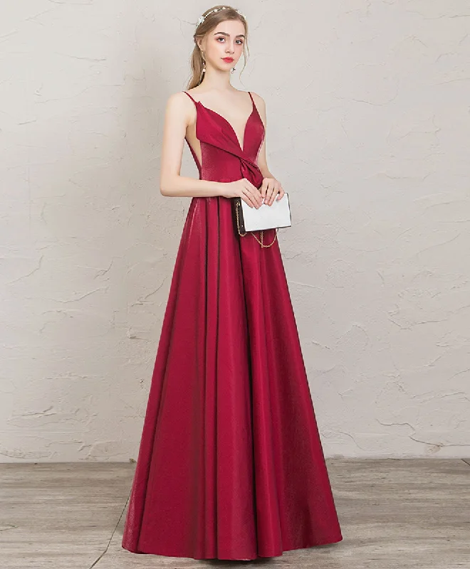 Retro Design Simple V Neck A Line Satin Long Prom Dress Red Evening Dress