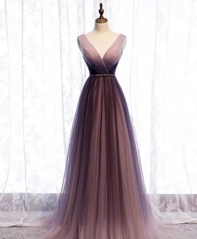 Sweet College Style Simple V Neck Tulle Long Prom Dress Tulle Evening Dress