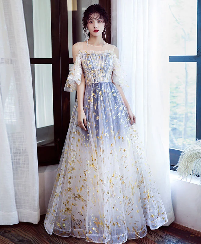 Retro Style Unique Tulle Off Lace Long Prom Dress Tulle Formal Dress