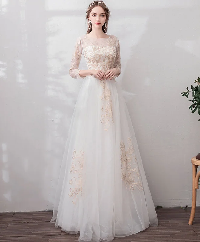 Street Show-Off Style White Round Neck Tulle Lace Long Prom Dress Lace Formal Dress