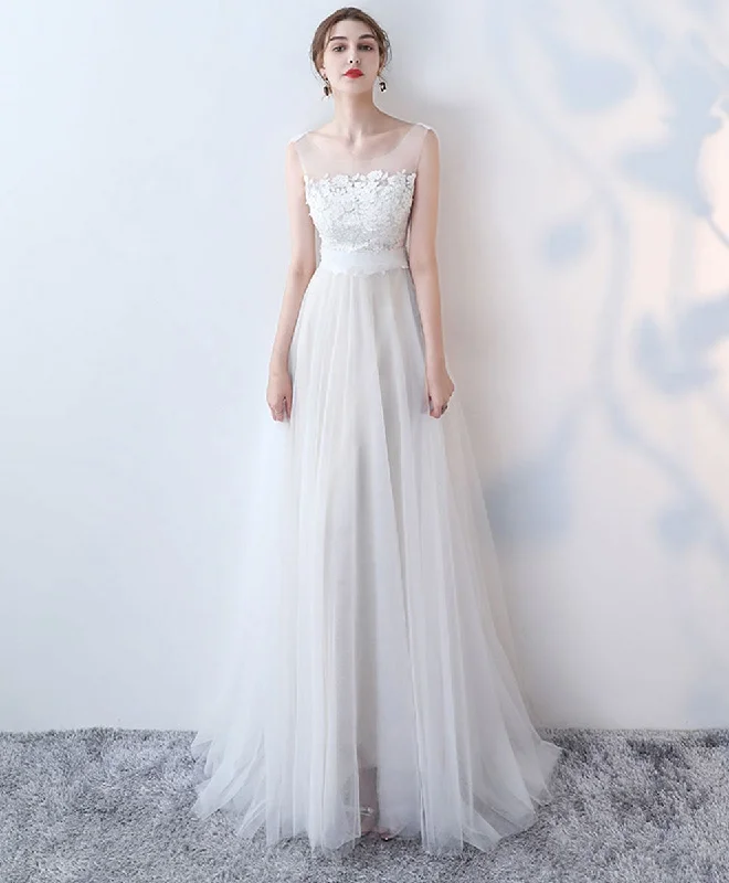 Fresh And Simple White Round Neck Tulle Lace Long Prom Dress White Formal Dress