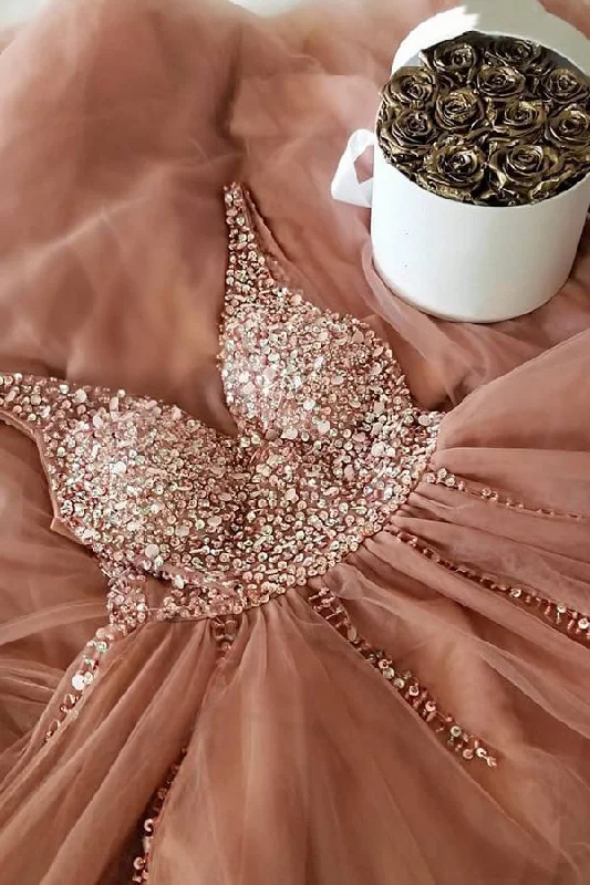 Trendy and versatile A Line V Neck Beaded Champagne Tulle Prom Dresses with Corset Back, Beaded Champagne Formal Evening Dress with Corset Back,DS1814 Trendy and versatile A Line V Neck Beaded Champagne Tulle Prom Dresses with Corset Back, Beaded Champagne Formal Evening Dress with Corset Back,DS1814