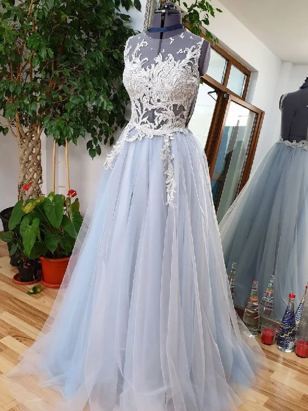 Sports Jacket Blue round neck tulle lace long prom dress, blue tulle lace evening dress,DS1934 Sports Jacket Blue round neck tulle lace long prom dress, blue tulle lace evening dress,DS1934