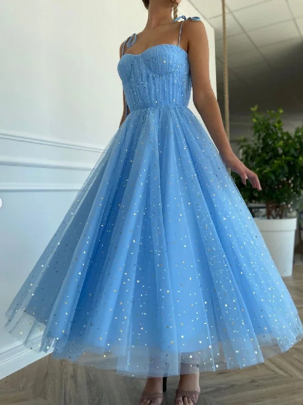 Leisure And Entertainment Blue tulle tea length prom dress, blue tulle formal dress,DS1972 Leisure And Entertainment Blue tulle tea length prom dress, blue tulle formal dress,DS1972