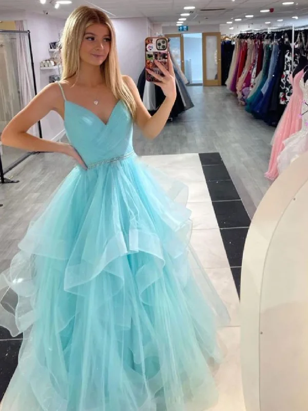 Sports Fitness Style Blue v neck tulle long prom dress, tulle long evening dress,DS1930 Sports Fitness Style Blue v neck tulle long prom dress, tulle long evening dress,DS1930
