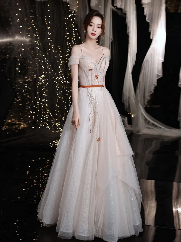 Street Show-off Style Champagne sweetheart tulle long prom dress, champagne evening dress,DS1950