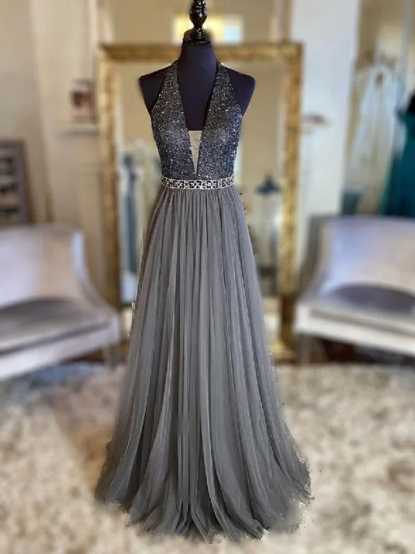 Style Design Gray v neck tulle beads long prom dress, gray tulle formal dress,DS1964 Style Design Gray v neck tulle beads long prom dress, gray tulle formal dress,DS1964