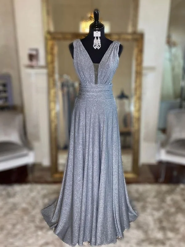 Street Fashion Style Gray v neck tulle sequin long prom dress, gray evening dress,DS1956 Street Fashion Style Gray v neck tulle sequin long prom dress, gray evening dress,DS1956