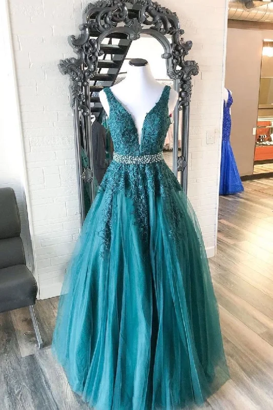 Sweet Fresh Feeling Green v neck tulle lace long prom dress, green formal dress,DS2071