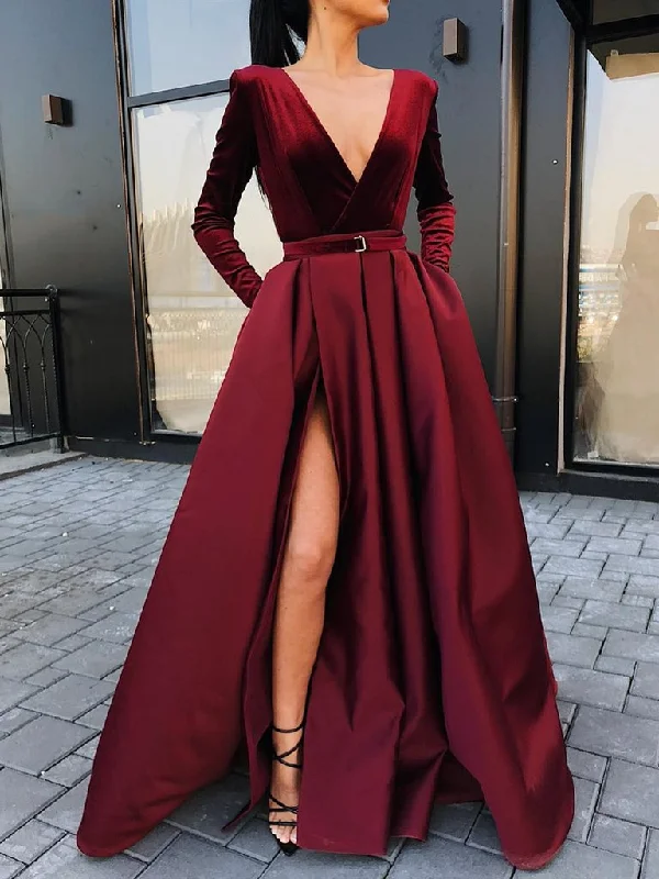 Affordable selection Long Sleeves V Neck Burgundy/ Black Prom Dress with High Slit, Burgundy/Black Long Sleeves V Neck Formal Graduation Evening Dresses,DS1803 Affordable selection Long Sleeves V Neck Burgundy/ Black Prom Dress with High Slit, Burgundy/Black Long Sleeves V Neck Formal Graduation Evening Dresses,DS1803