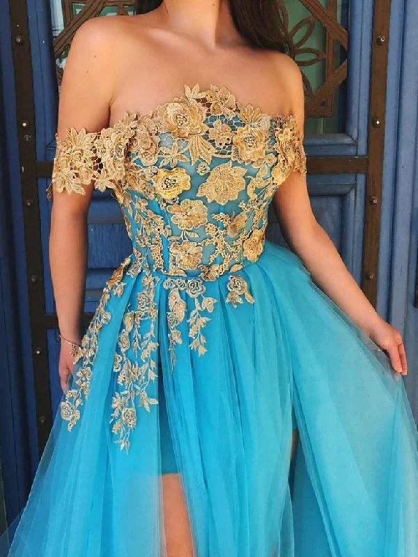Creative Style Off Shoulder Blue Lace Prom Dresses, Off the Shoulder Long Lace Formal Evening Dresses,DS1757 Creative Style Off Shoulder Blue Lace Prom Dresses, Off the Shoulder Long Lace Formal Evening Dresses,DS1757