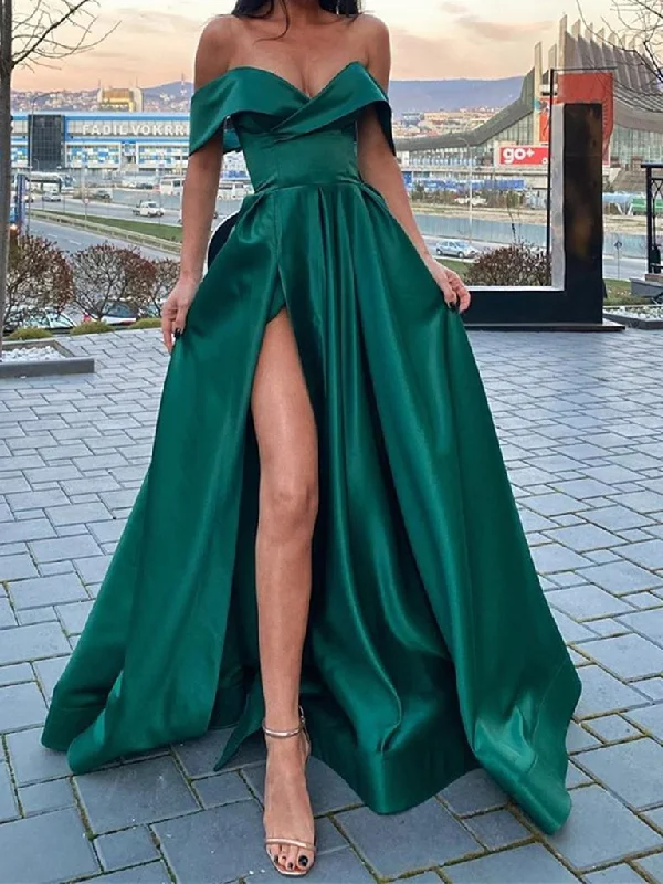 Hip-hop Style Off the Shoulder Emerald Green Satin Long Prom Dresses with Leg Slit, Off Shoulder Dark Green High Slit Long Formal Evening Dresses,DS1668 Hip-hop Style Off the Shoulder Emerald Green Satin Long Prom Dresses with Leg Slit, Off Shoulder Dark Green High Slit Long Formal Evening Dresses,DS1668