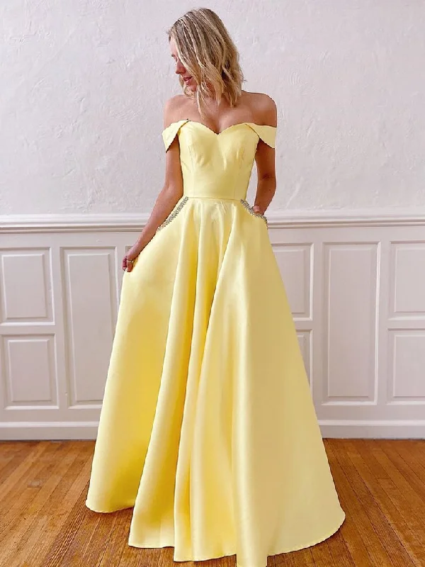 Cool Style Off the Shoulder Pink/Yellow Long Prom Dresses, Pink/Yellow Formal Evening Dresses with Pockets,DS1700 Cool Style Off the Shoulder Pink/Yellow Long Prom Dresses, Pink/Yellow Formal Evening Dresses with Pockets,DS1700