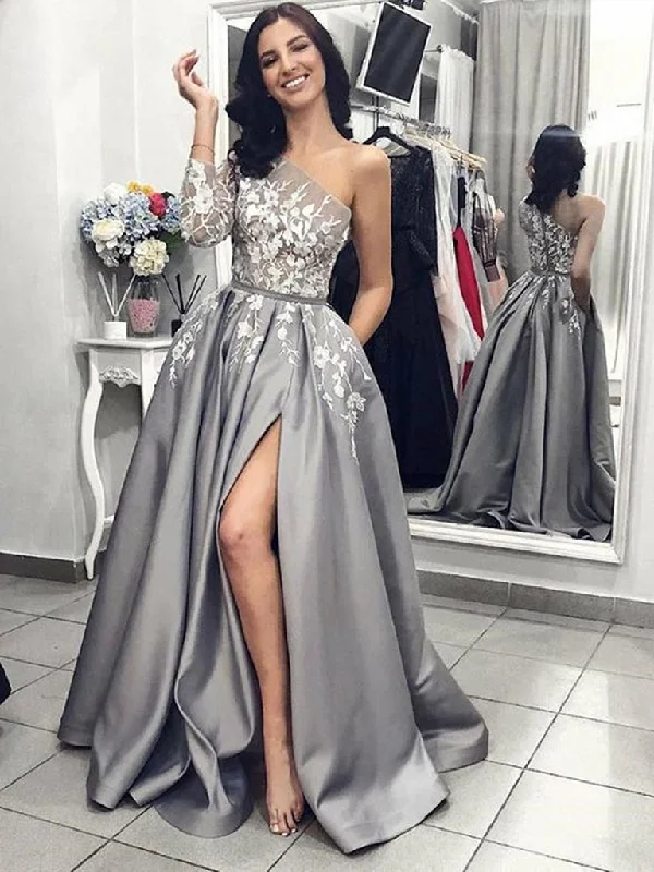 Sweet Fresh Feeling One Shoulder Gray Lace Prom Dresses with Leg Slit, One Shoulder Gray Lace Formal Graduation Evening Dresses,DS1790 Sweet Fresh Feeling One Shoulder Gray Lace Prom Dresses with Leg Slit, One Shoulder Gray Lace Formal Graduation Evening Dresses,DS1790