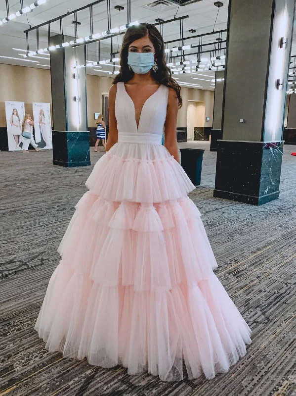 Fashion Style Pink v neck tulle long prom dress pink tulle formal dress,DS1997