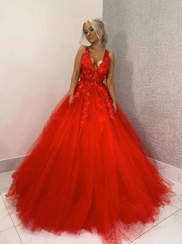 Black And White Style Red v neck tulle lace applique long prom dress, tulle formal dress,DS1939 Black And White Style Red v neck tulle lace applique long prom dress, tulle formal dress,DS1939