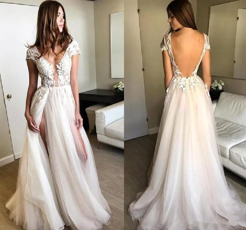 Sweet College Style Round Neck Cap Sleeves Backlesss Lace Wedding Dresses, Ivory Backless Lace Prom Dresses Evening Dresses,DS1791 Sweet College Style Round Neck Cap Sleeves Backlesss Lace Wedding Dresses, Ivory Backless Lace Prom Dresses Evening Dresses,DS1791