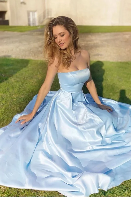 Literary Style Simple blue satin long prom dress blue satin formal dress,DS1993