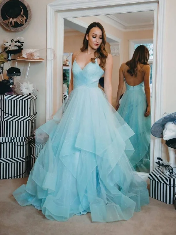 Sports Yoga Style Simple blue tulle long prom dress, tulle formal dress,DS1935
