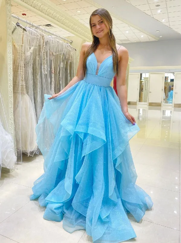 Retro Stripes Simple blue v neck tulle long prom dress, blue tulle formal dress,DS1967 Retro Stripes Simple blue v neck tulle long prom dress, blue tulle formal dress,DS1967