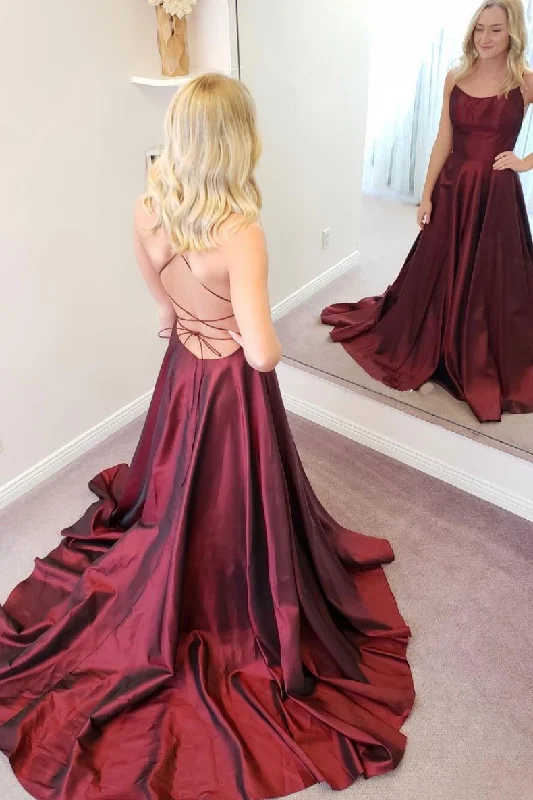 Street Sports Style Simple burgundy satin long prom dress burgundy formal dress,DS1996