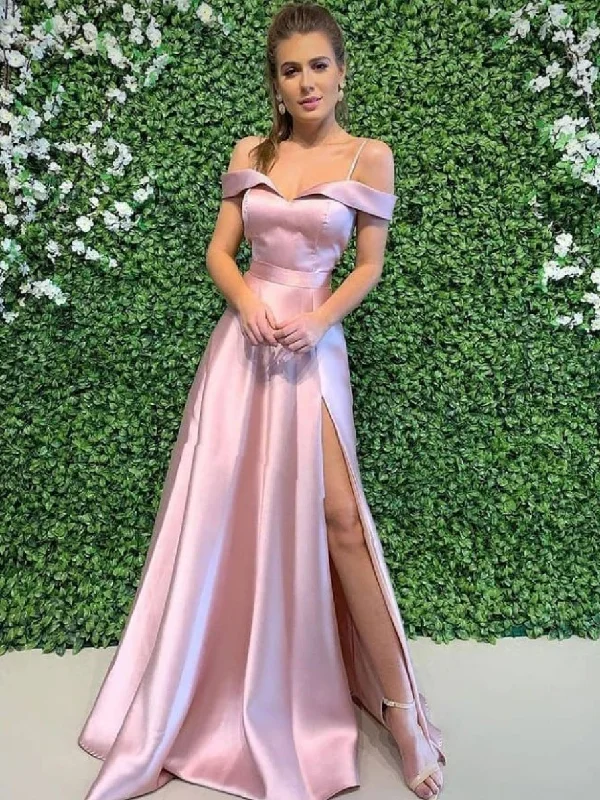 Street Style Simple pink off shoulder long prom dress, pink evening dress,DS1986