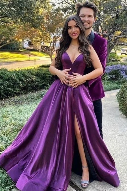 Creative Style Simple purple v neck satin long prom dress purple formal dress,DS1994