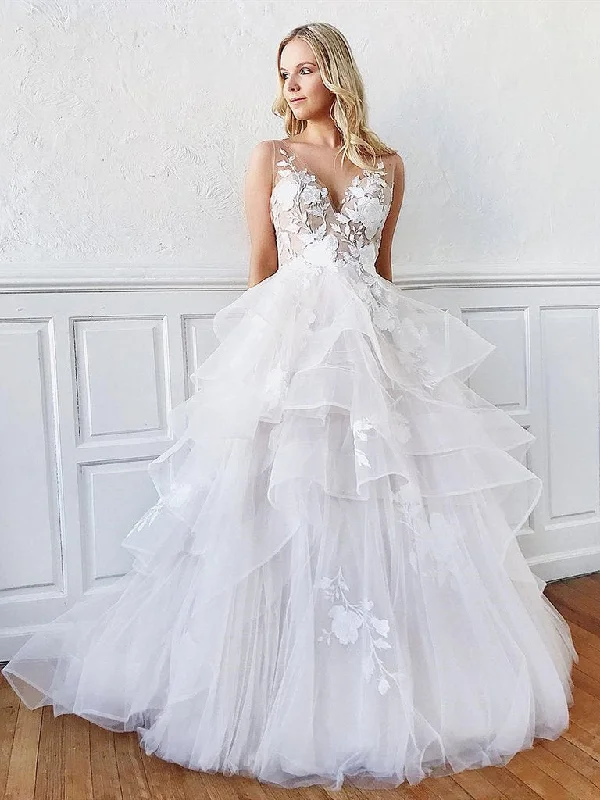Street Fashion Style V Neck Backless White Floral Lace Wedding Dresses, White V Neck Floral Lace Prom Dresses, Wedding Gowns,DS1767