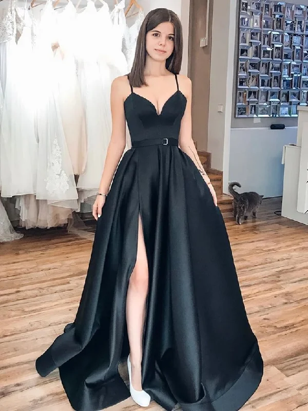 Retro Stripes V Neck Black Satin Prom Dresses, Black Long Formal Evening Graduation Dresses,DS1727 Retro Stripes V Neck Black Satin Prom Dresses, Black Long Formal Evening Graduation Dresses,DS1727